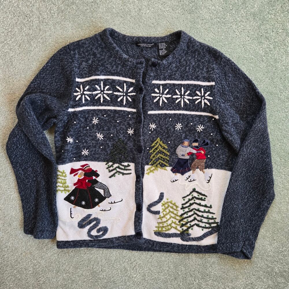 Vintage Reference Point Beaded Holiday Cardigan sz Medium Ice Skaters Christmas